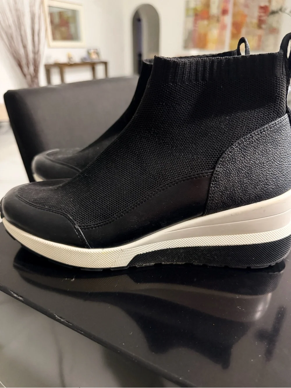 Michael Kors Black Knit Wedge Slip-On Ankle Booties with White Trim